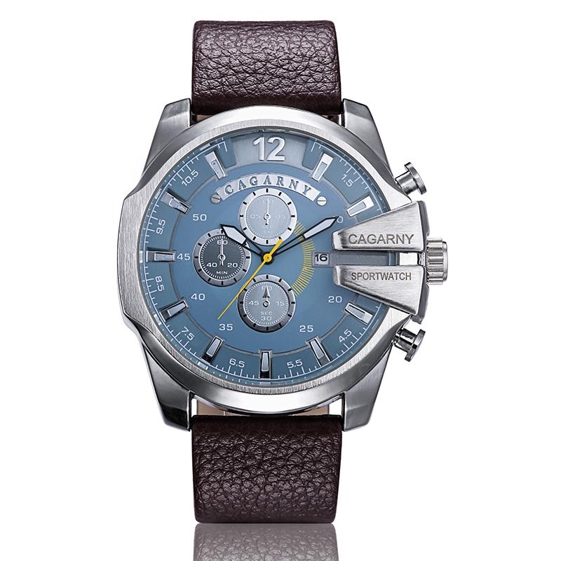 Men Leather Band Sports Watch with Large Dial - Silver Black + Black 14