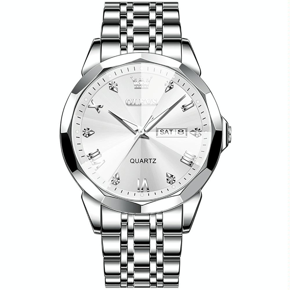 Waterproof Quartz Watch for Men with Luminous Dial - White + Silver
