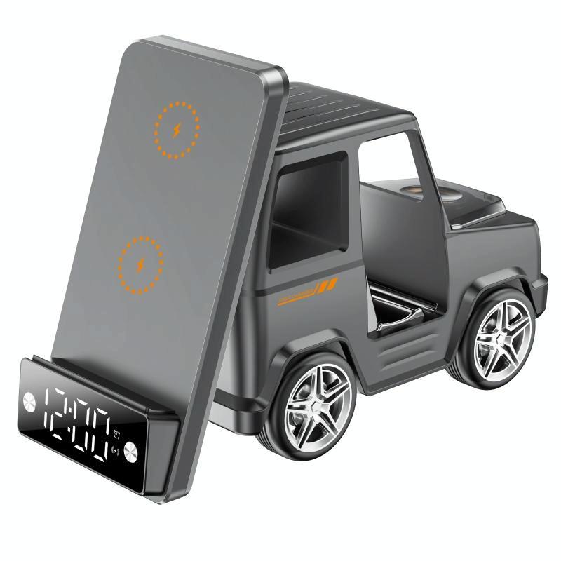 6 In 1 Car Shape Speaker With Clock & Wireless Charger - White 3
