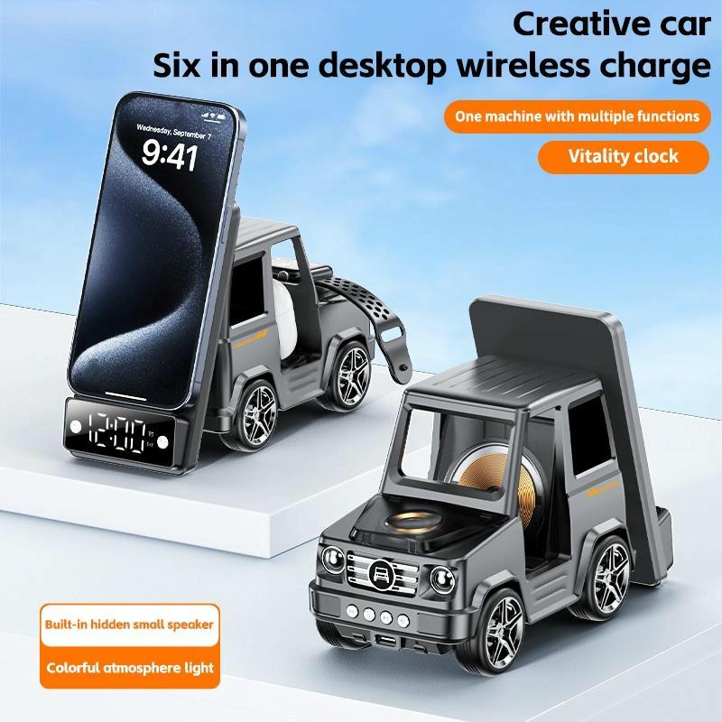 6 In 1 Car Shape Speaker With Clock & Wireless Charger - White 6