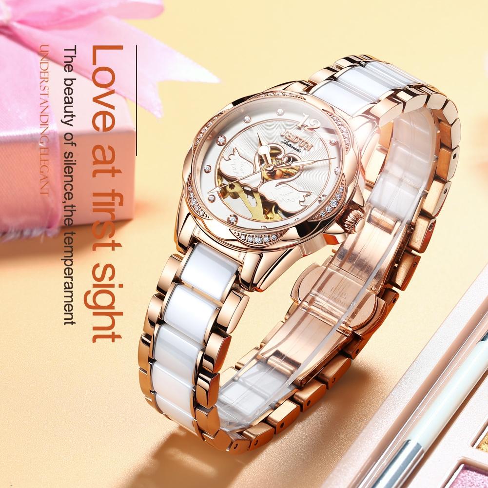 Stylish Waterproof Ceramic Mechanical Watch for Women with Diamond Accents - White 7