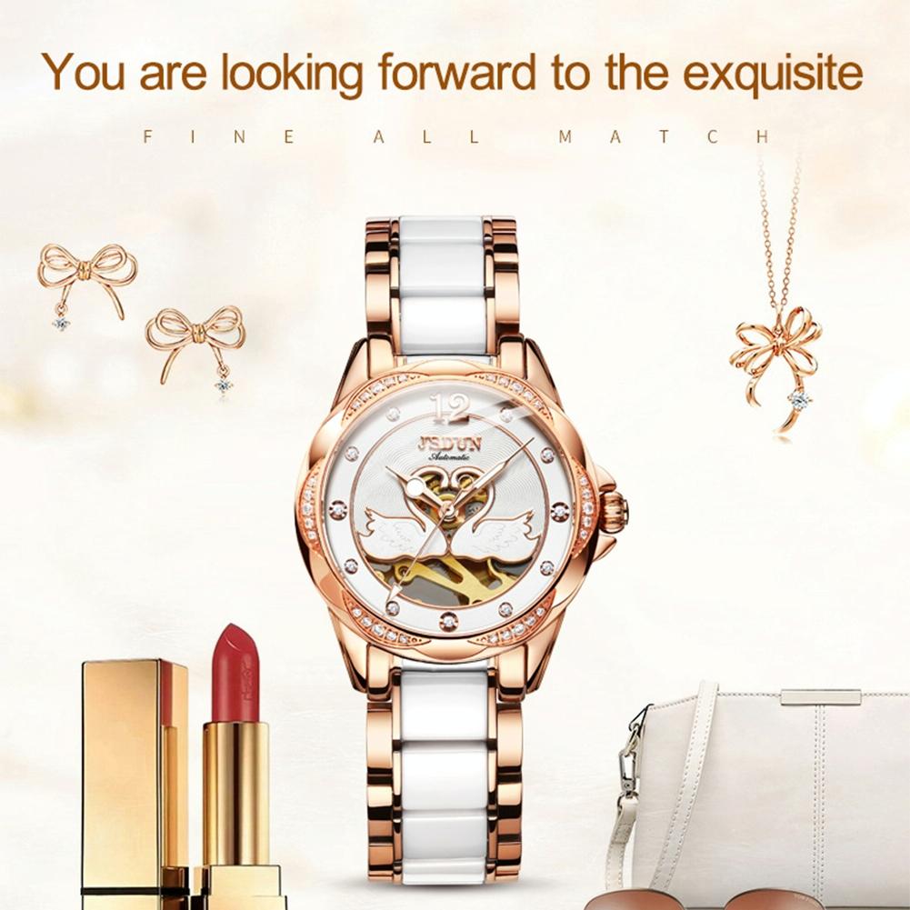 Stylish Waterproof Ceramic Mechanical Watch for Women with Diamond Accents - White 14