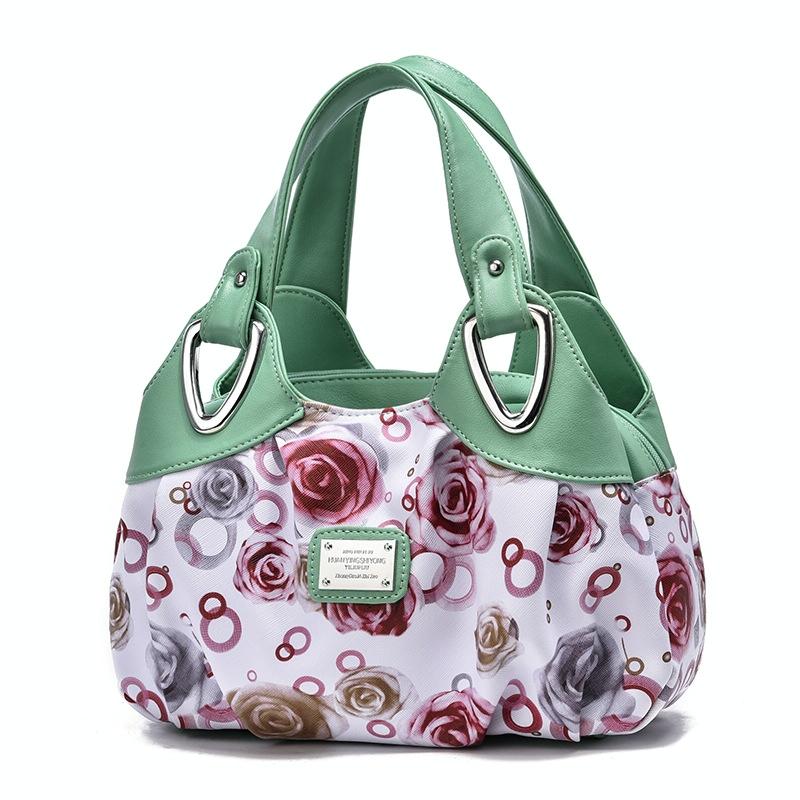 Soft Leather Women Handbag - White Handle Green Flower 11