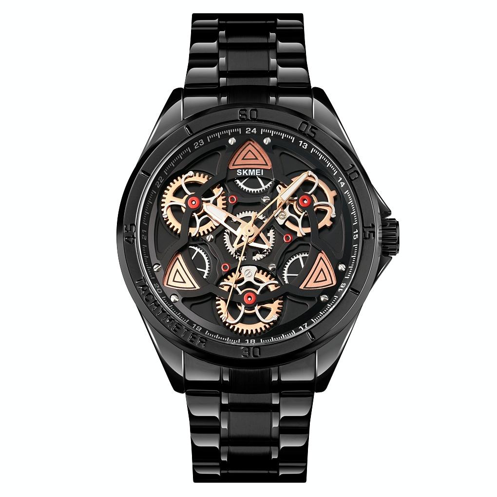 Waterproof Men Quartz Watch with Rotatable Gear Dial - Black Shell Black Surface 9