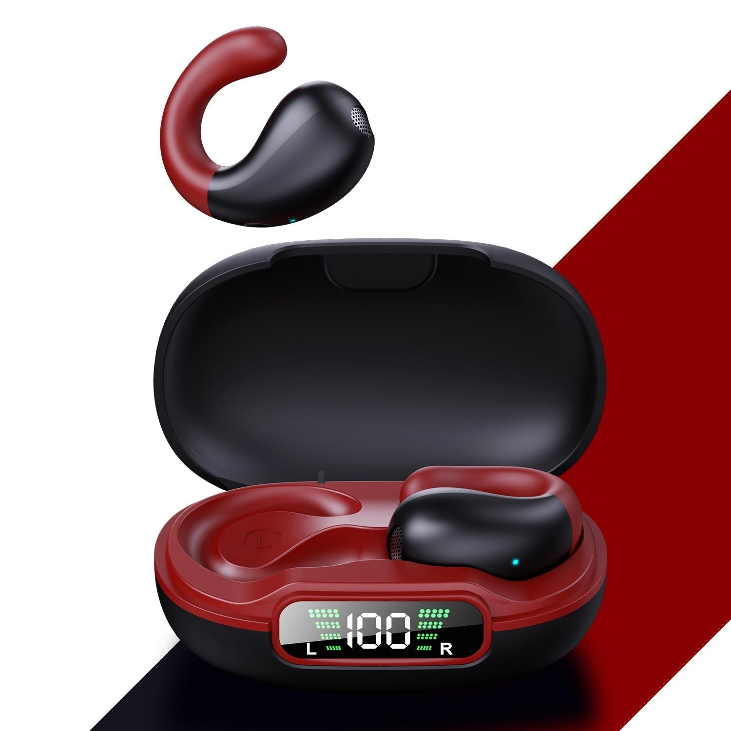 Wireless Bluetooth Earphone with Charging Case - Clip-on - Black Red 13