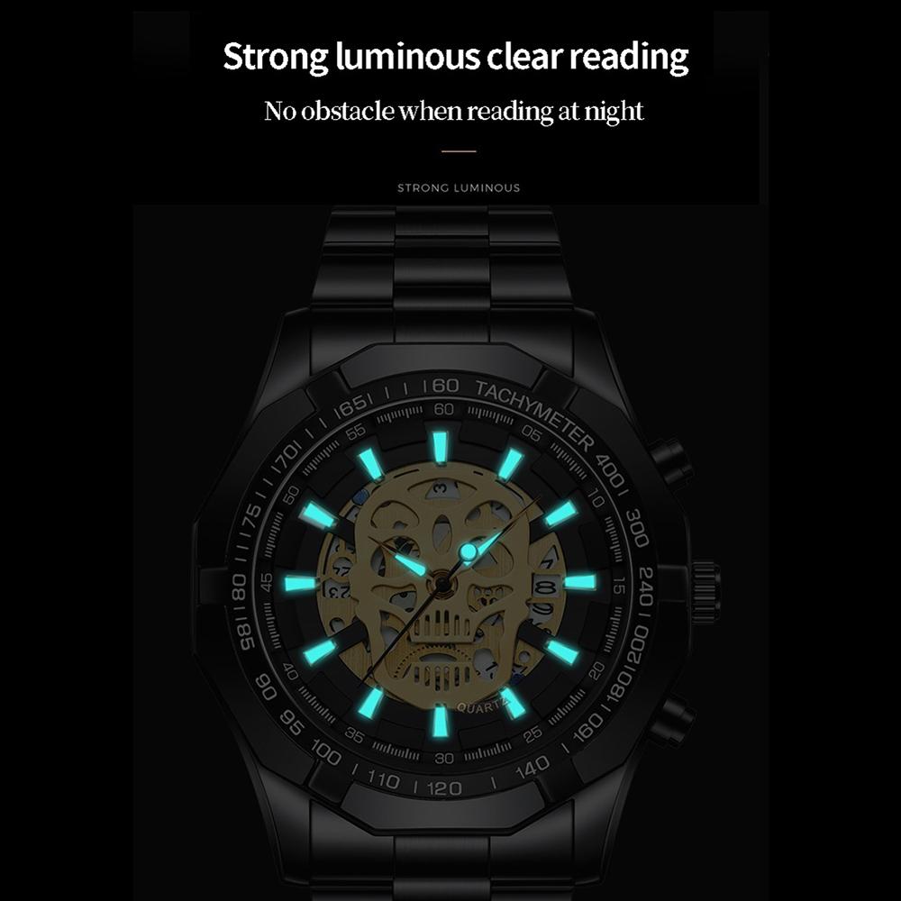 Waterproof Luminous Skeleton Watch - 30m - Black Steel Black Gold Nail 6