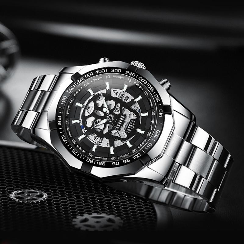 Waterproof Luminous Skeleton Watch - 30m - Black Steel Black Gold Nail 7
