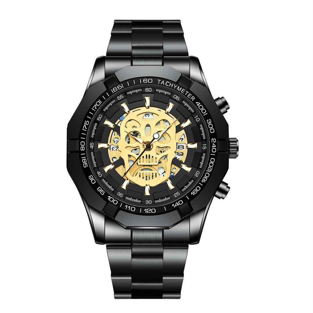 Waterproof Luminous Skeleton Watch - 30m - Black Steel Black Gold Nail 11