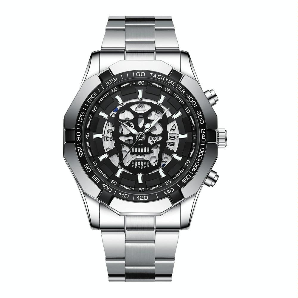 Waterproof Luminous Skeleton Watch - 30m - Black Steel Black Gold Nail 12
