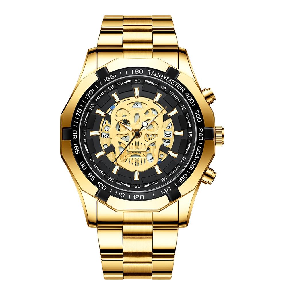 Waterproof Luminous Skeleton Watch - 30m - Black Steel Black Gold Nail 13