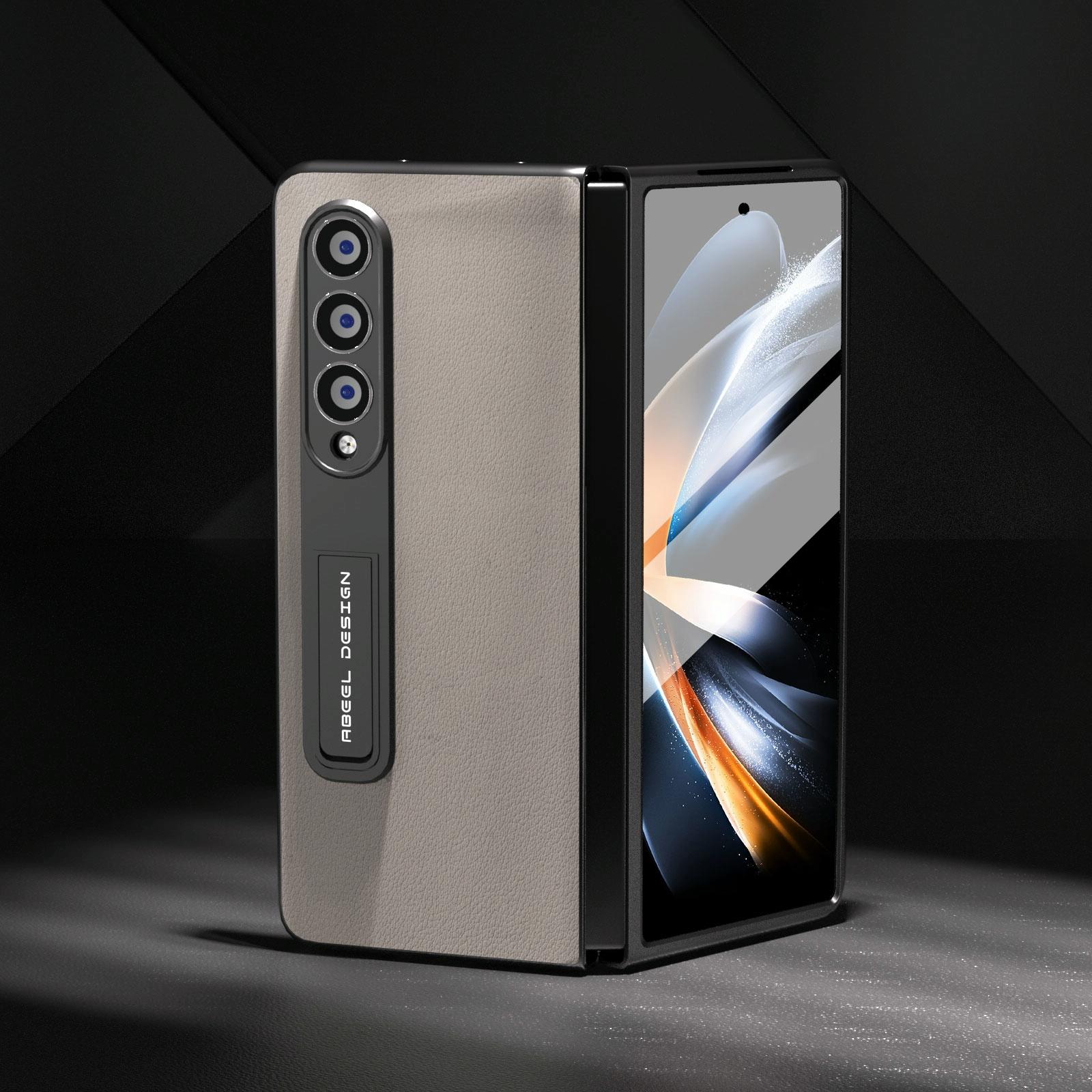 For Samsung Galaxy Z Fold4 5G Leather Phone Case With Holder - Wave Design - Grey