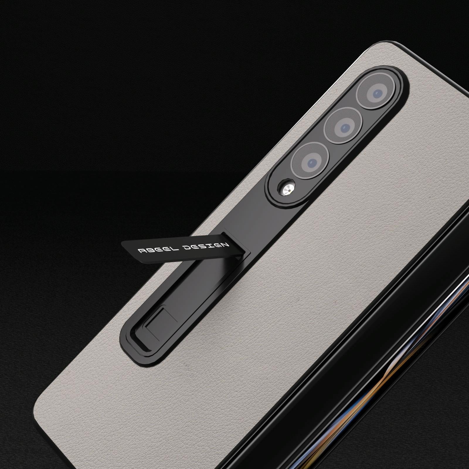 For Samsung Galaxy Z Fold4 5G Leather Phone Case With Holder - Wave Design - Grey 4