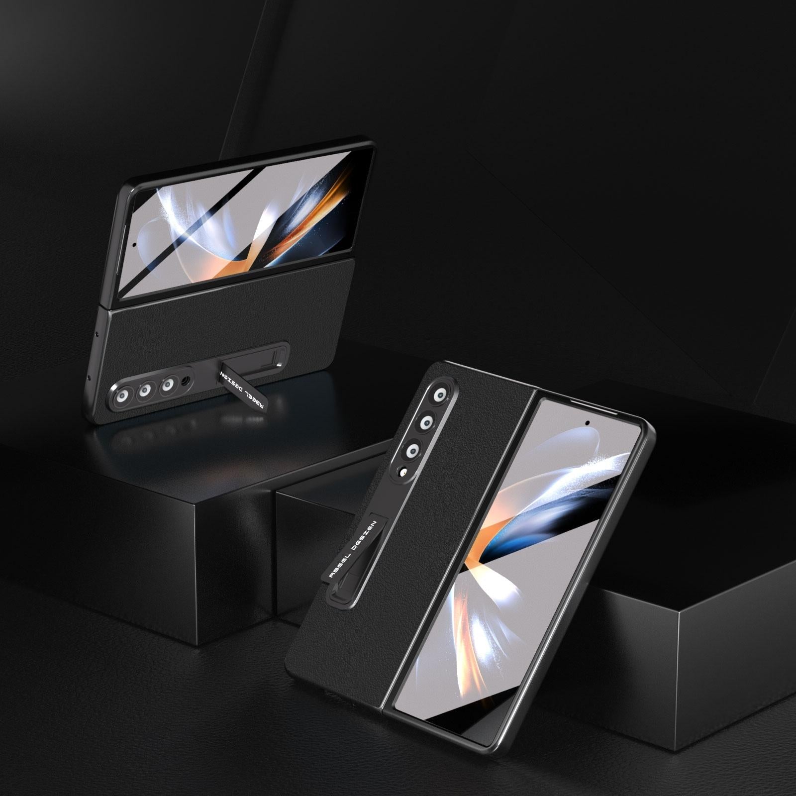 For Samsung Galaxy Z Fold4 5G Leather Phone Case With Holder - Wave Design - Grey 8