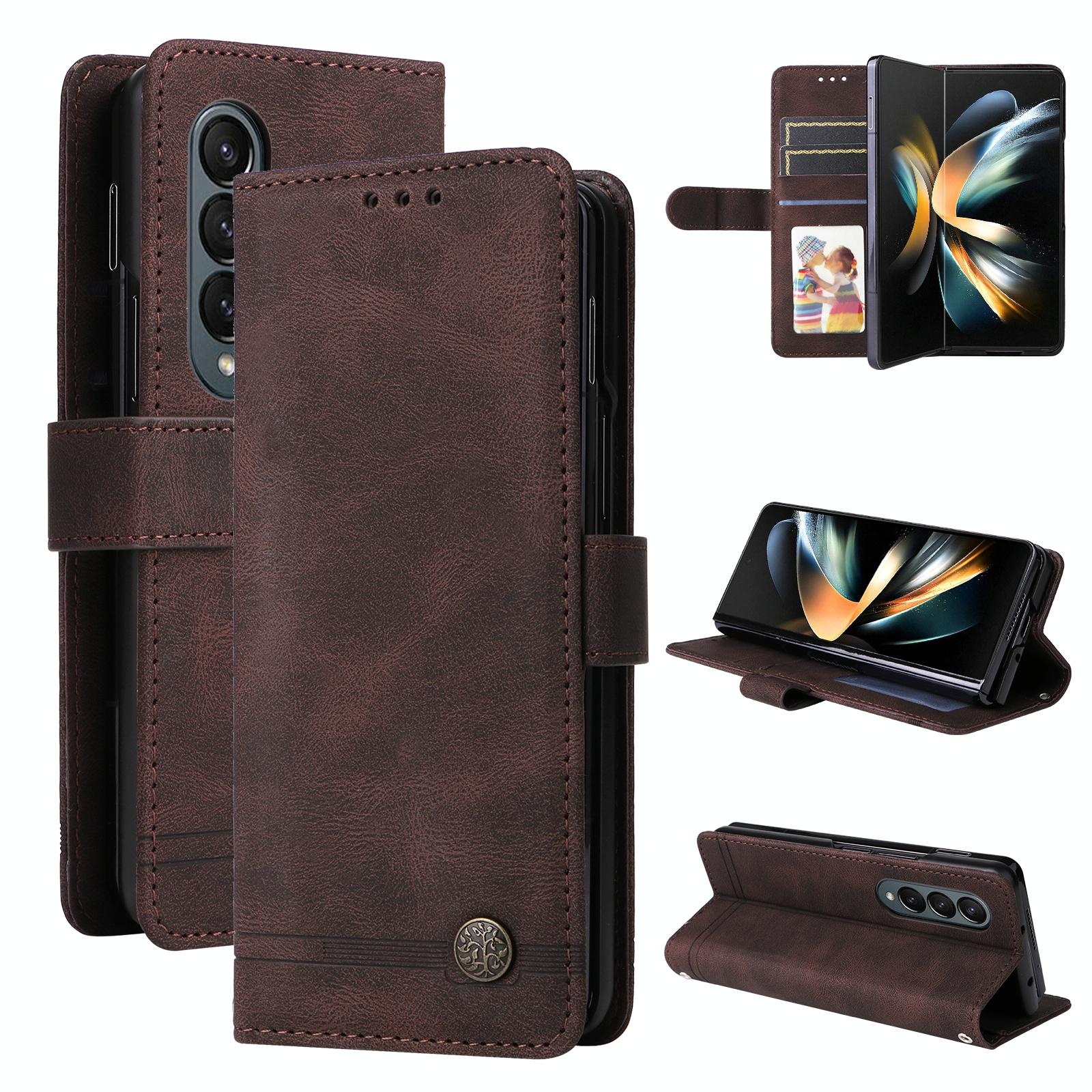 For Samsung Galaxy Z Fold4 5G Metal Button Leather Case - Tree Design - Brown