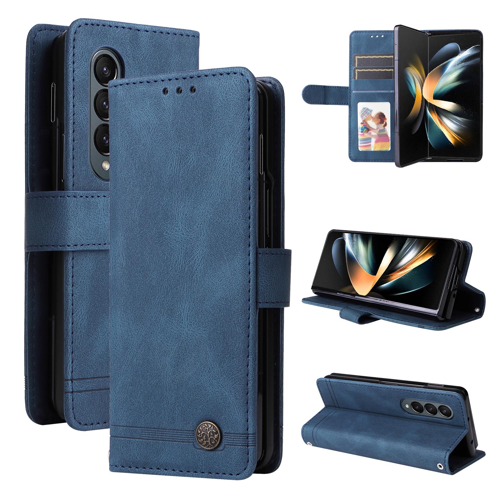 For Samsung Galaxy Z Fold4 5G Metal Button Leather Case - Tree Design - Brown
