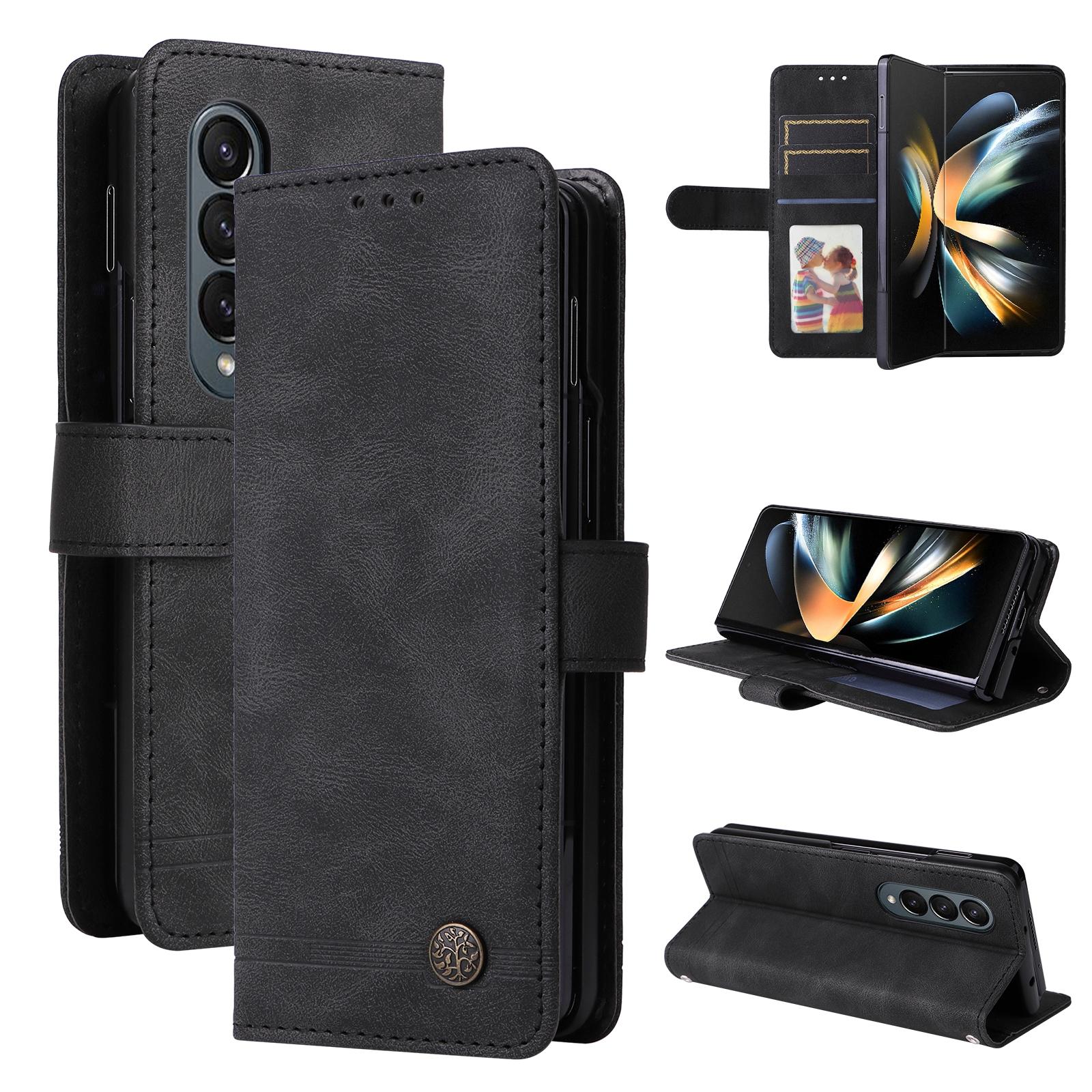 For Samsung Galaxy Z Fold4 5G Metal Button Leather Case - Tree Design - Brown 8