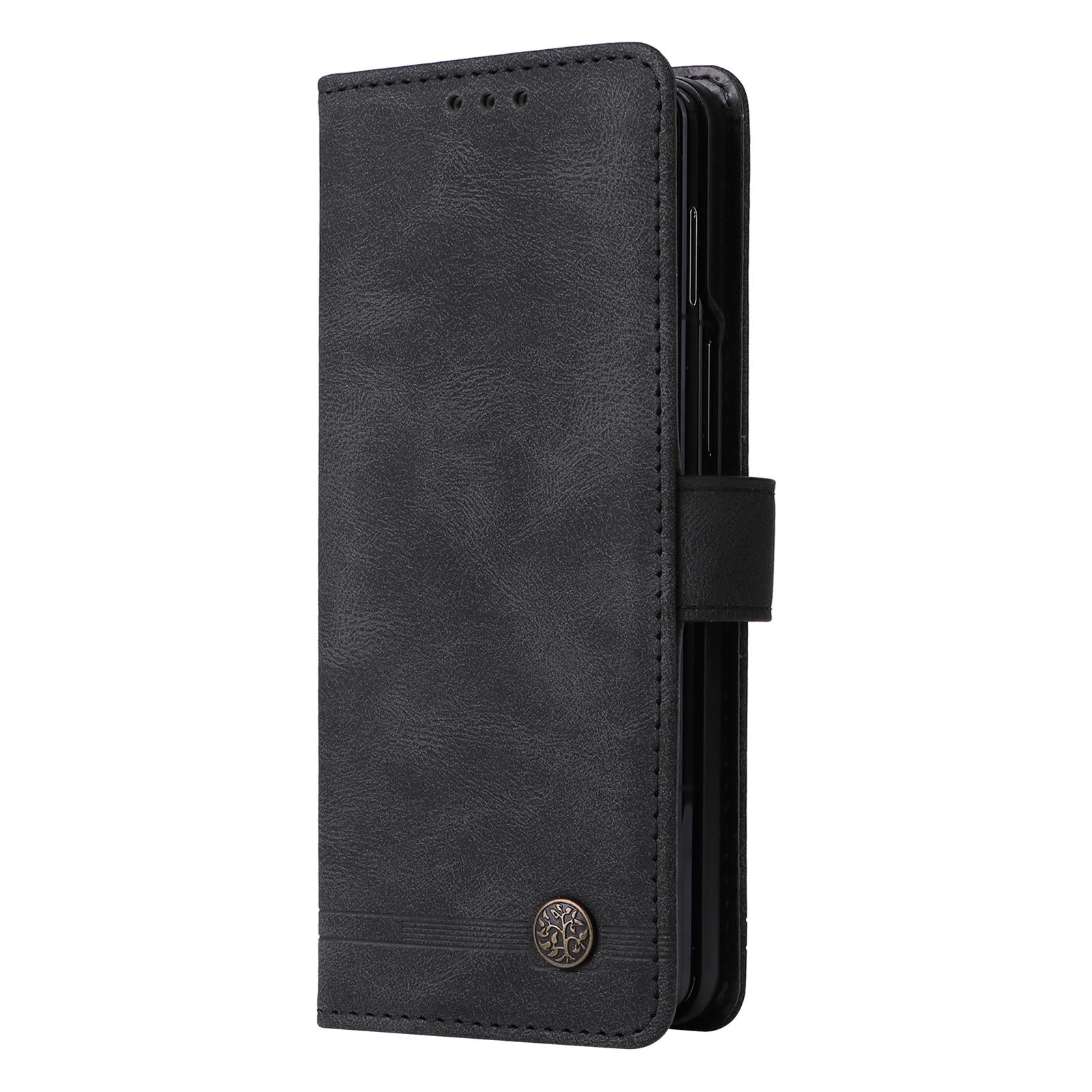 For Samsung Galaxy Z Fold4 5G Metal Button Leather Case - Tree Design - Brown 9