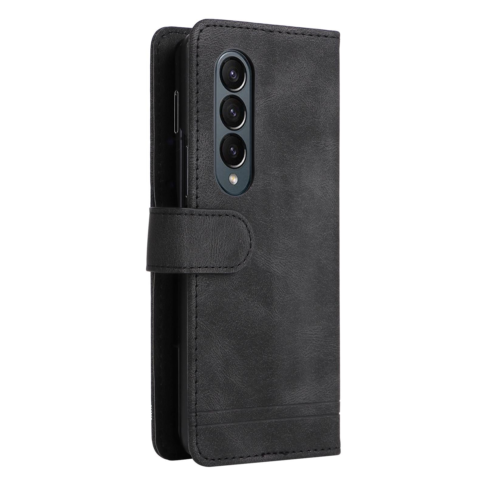For Samsung Galaxy Z Fold4 5G Metal Button Leather Case - Tree Design - Brown 10