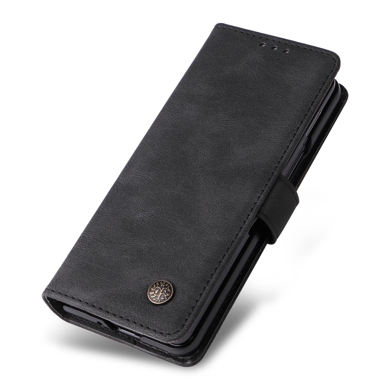 For Samsung Galaxy Z Fold4 5G Metal Button Leather Case - Tree Design - Brown 13
