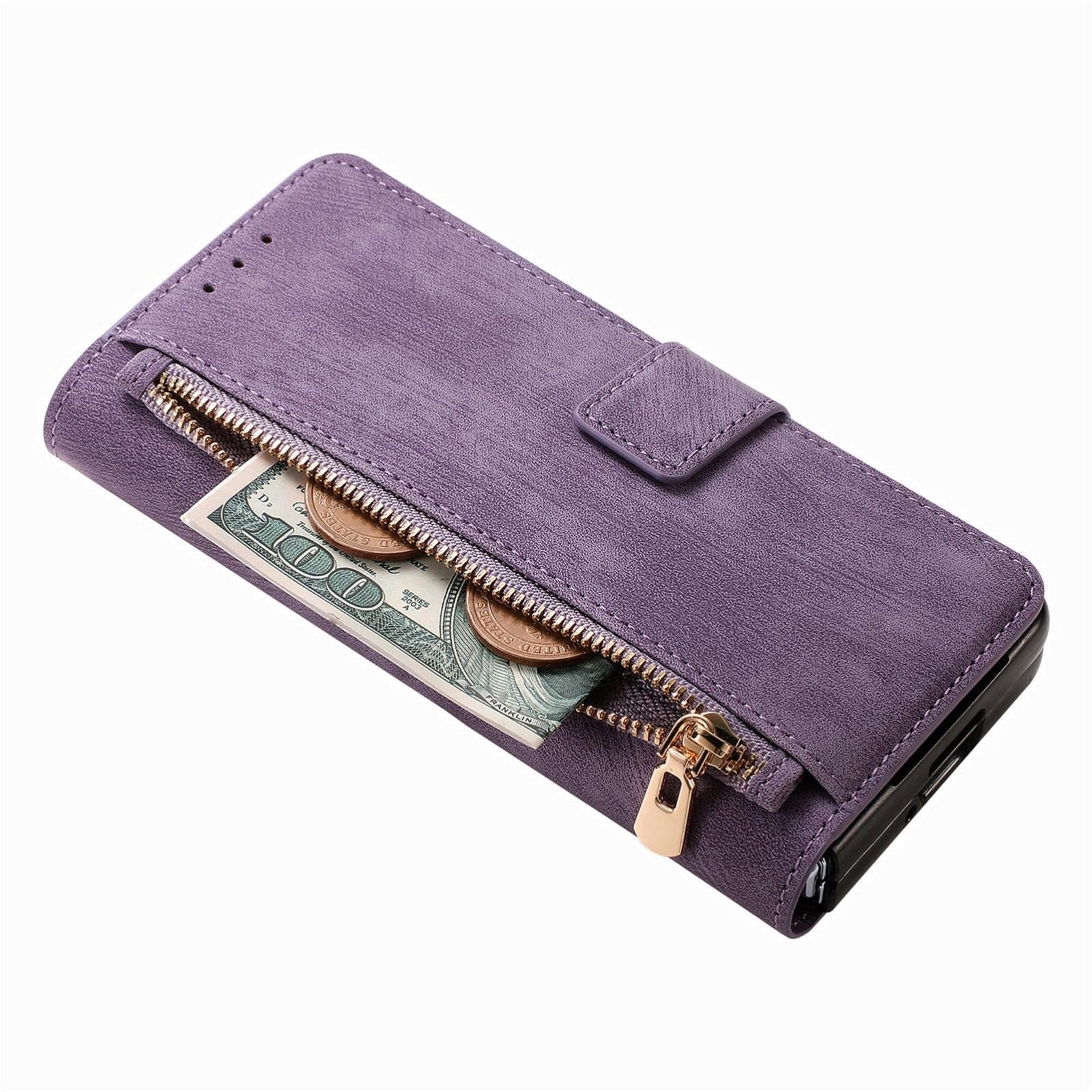 For Samsung Galaxy Z Fold4 5G Vintage Magnetic Wallet Case - Zipper Closure - Green 13