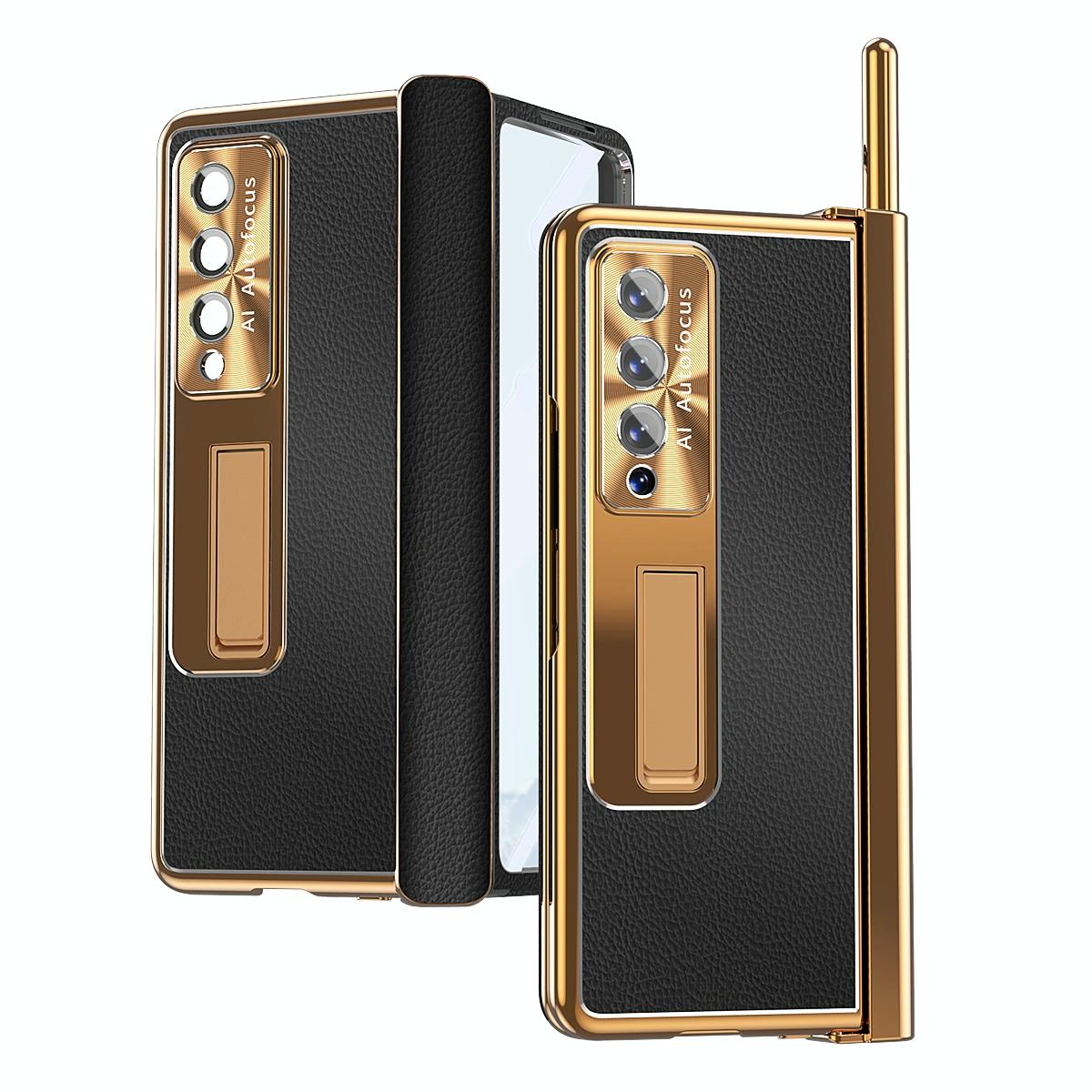 For Samsung Galaxy Z Fold4 5G Shockproof Magnetic Litchi Pattern Phone Case - Silver Gold 11