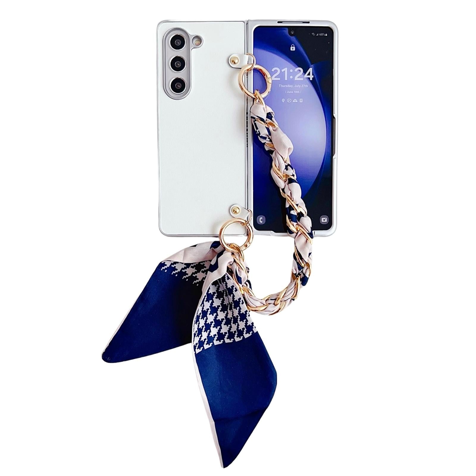 For Samsung Galaxy Z Fold4 5G Leather Phone Case With Metallic Paint And Scarf Bracelet - Purple 8