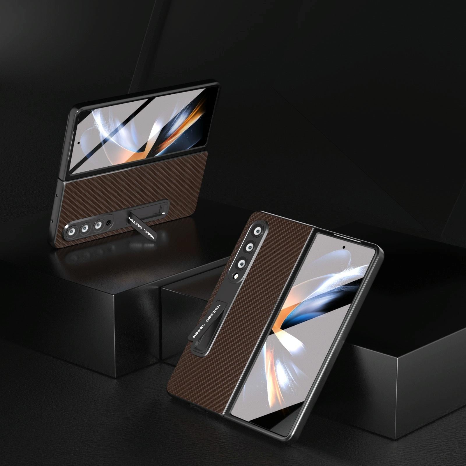 For Samsung Galaxy Z Fold4 5G Carbon Fiber Phone Case With Holder - Dark Blue 13