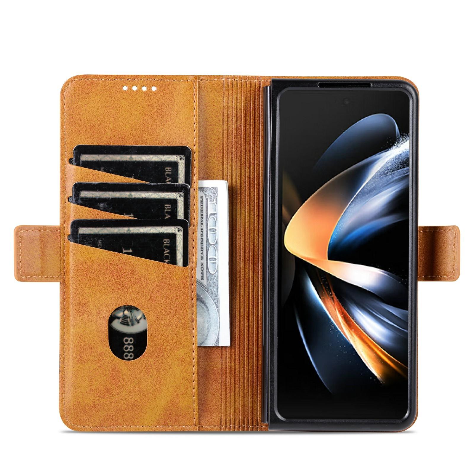 For Samsung Galaxy Z Fold4 5G Leather Magnetic Phone Case - Calf Texture - Dark Brown 9