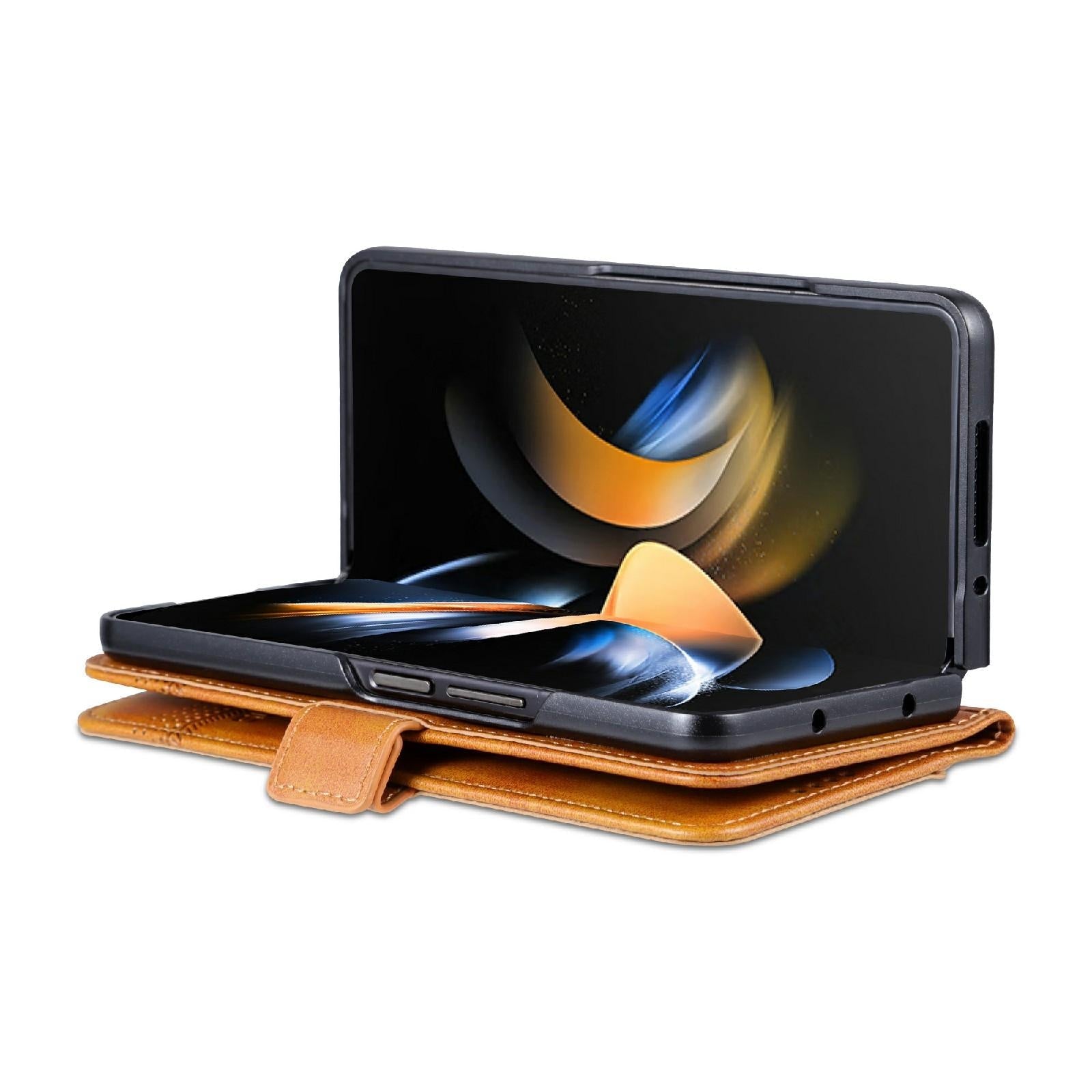 For Samsung Galaxy Z Fold4 5G Leather Magnetic Phone Case - Calf Texture - Dark Brown 10