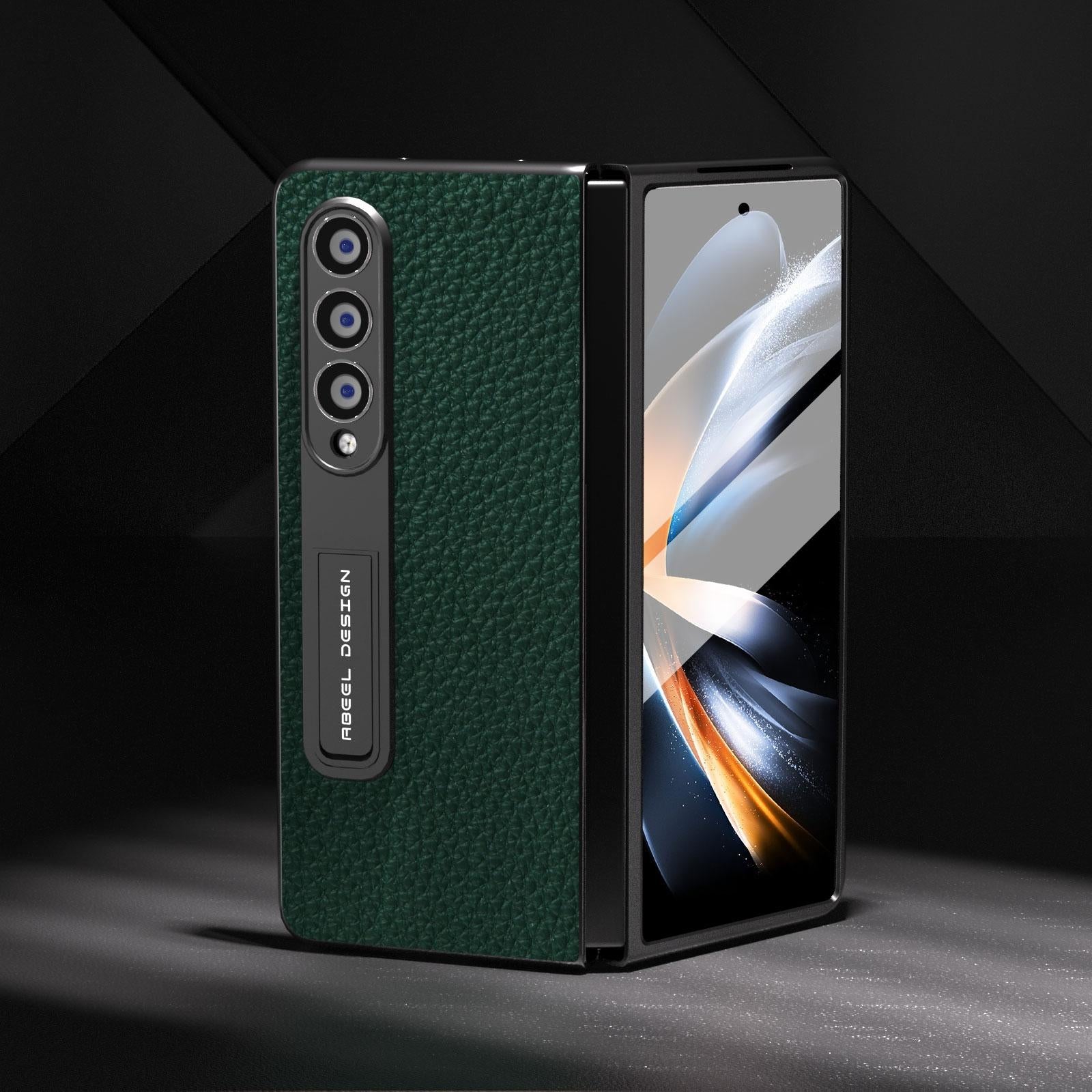 For Samsung Galaxy Z Fold4 5G Leather Phone Case With Holder - Litchi Texture - Green 3