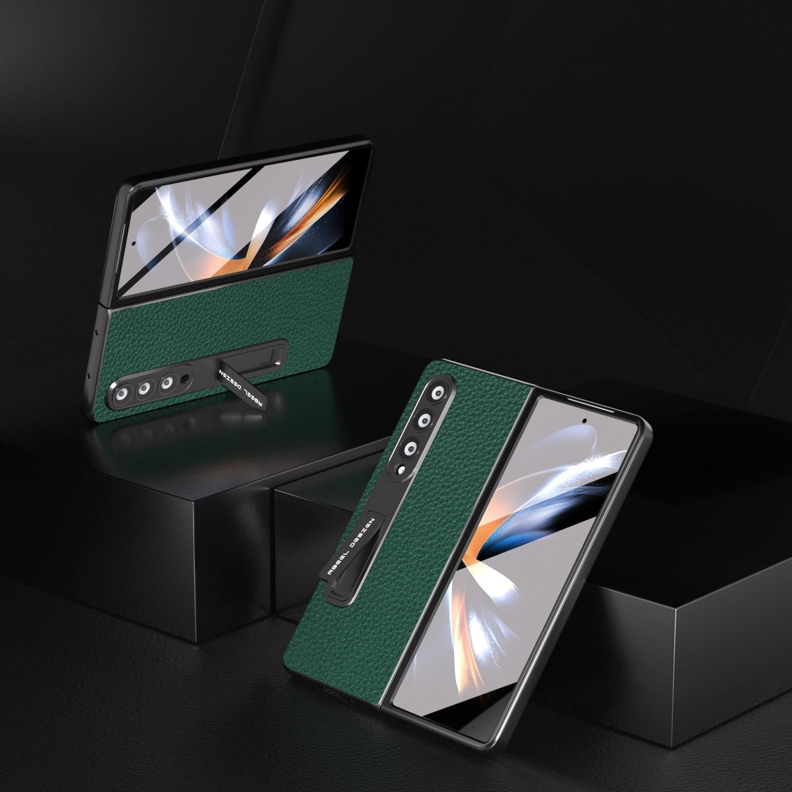 For Samsung Galaxy Z Fold4 5G Leather Phone Case With Holder - Litchi Texture - Green 4