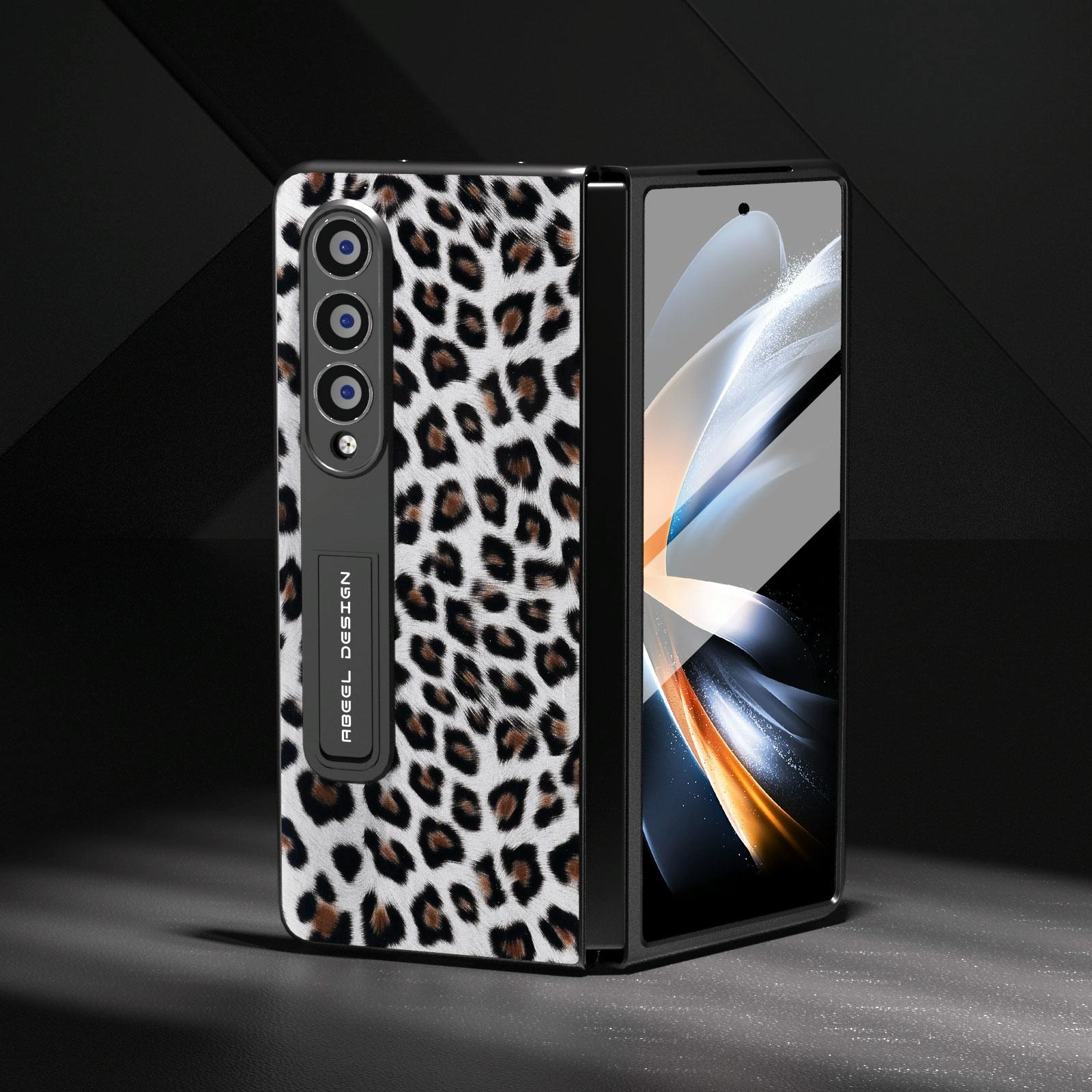 For Samsung Galaxy Z Fold4 5G Leopard Print Phone Case With Holder - Silver 8