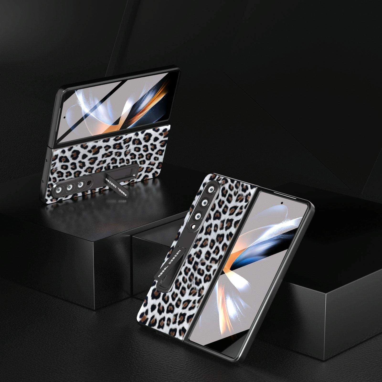 For Samsung Galaxy Z Fold4 5G Leopard Print Phone Case With Holder - Silver 9