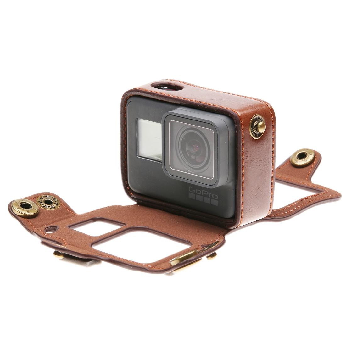Leather Housing Case with Neck Strap and Buttons for Gopro Hero7 / 6 / 5 - Black - Coffee 11