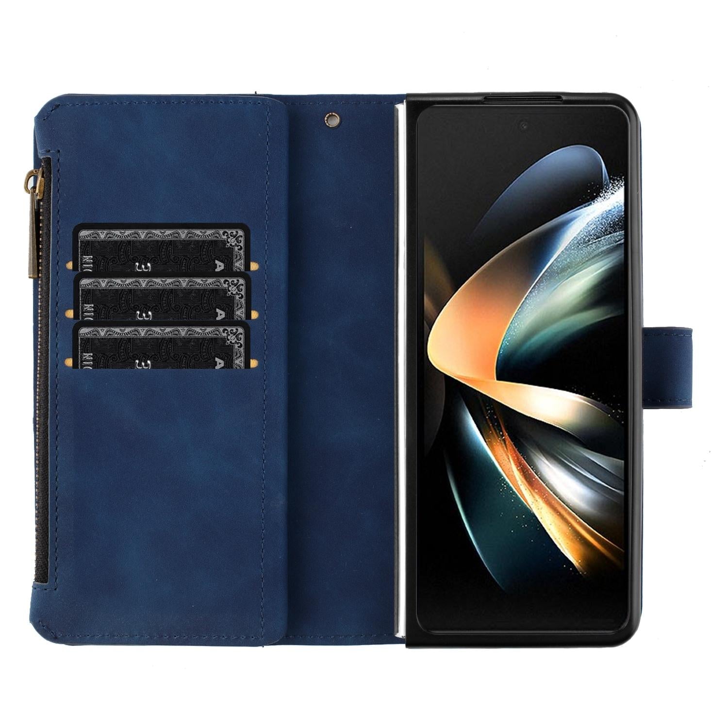 For Samsung Galaxy Z Fold4 5G Leather Zip Wallet With Rhombus Texture - Brown 5