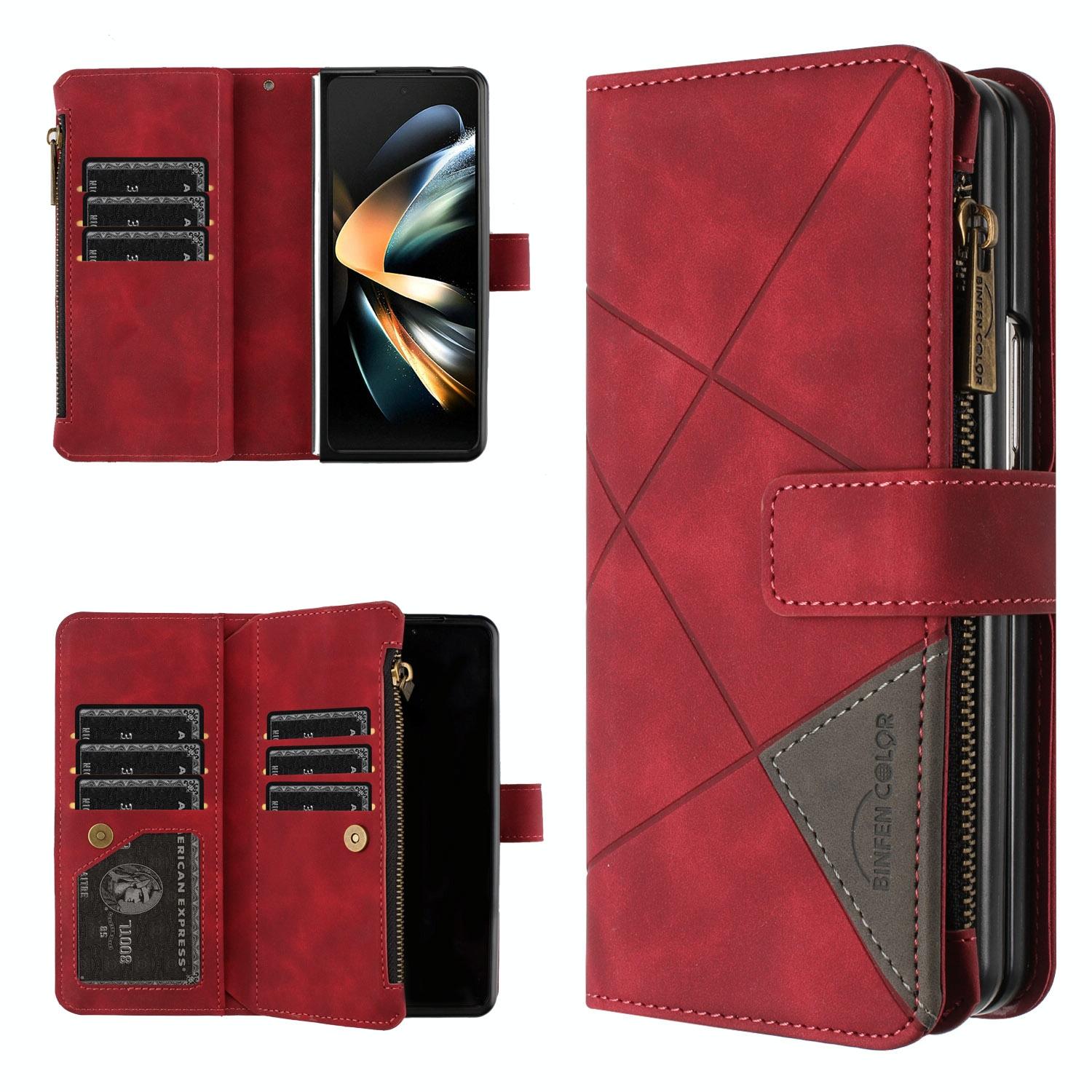 For Samsung Galaxy Z Fold4 5G Leather Zip Wallet With Rhombus Texture - Brown 13