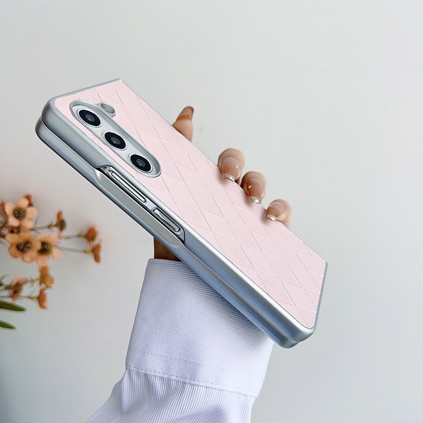 For Samsung Galaxy Z Fold4 5G Checkered Leather Phone Case With Pearlescent Finish - Pink 4