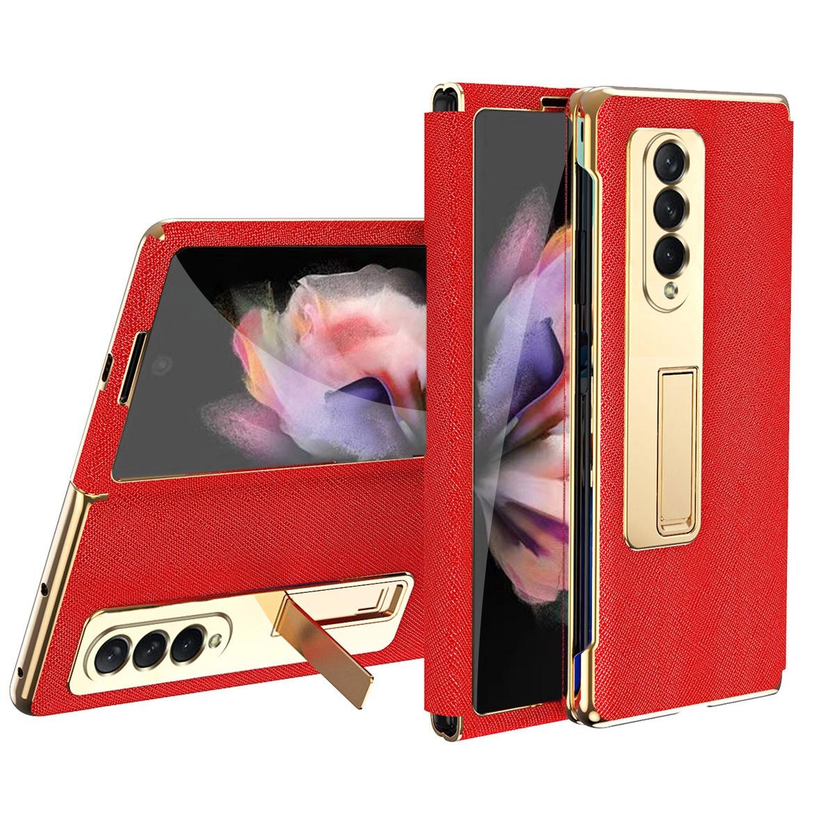 For Samsung Galaxy Z Fold4 5G Flip Case With Tempered Film - Textured Hinge - Gold 9