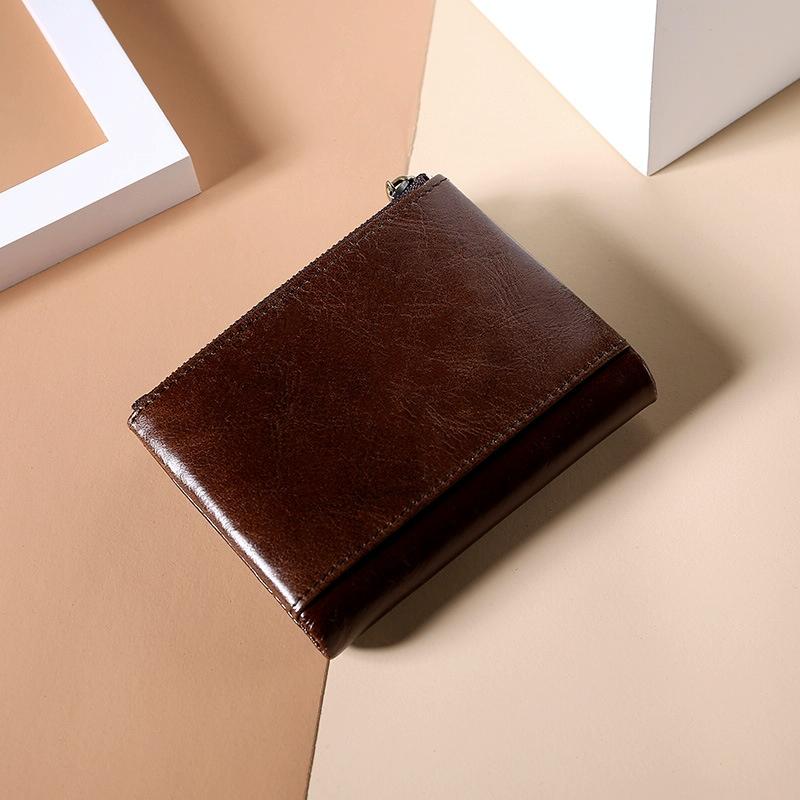Leather Rfid Wallet with Dual Zippers - Coffee 3