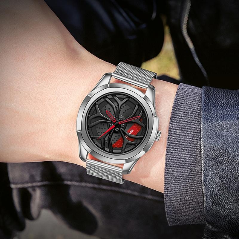 Men Mesh Belt Quartz Watch with 3d Hollow out Wheel - Blue Red 3