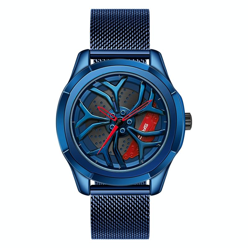 Men Mesh Belt Quartz Watch with 3d Hollow out Wheel - Blue Red 6