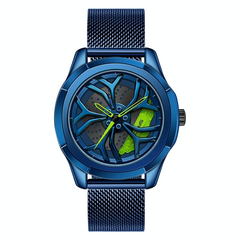 Men Mesh Belt Quartz Watch with 3d Hollow out Wheel - Blue Red 13