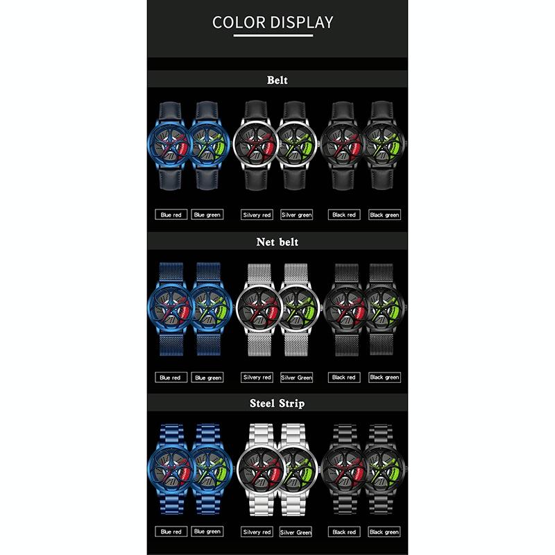 Men Mesh Belt Quartz Watch with 3d Oval Hollow out Wheel - Blue Red 3