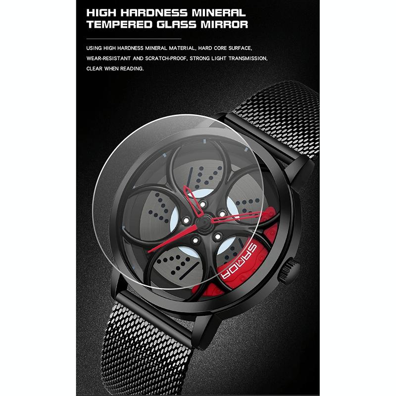 Men Mesh Belt Quartz Watch with 3d Oval Hollow out Wheel - Blue Red 5