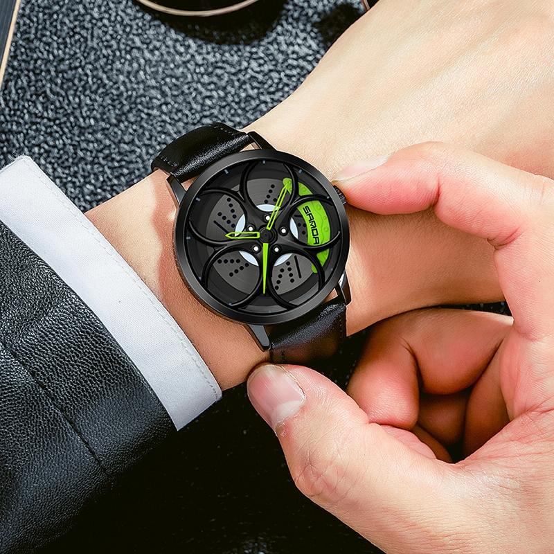 Men Mesh Belt Quartz Watch with 3d Oval Hollow out Wheel - Blue Red 7