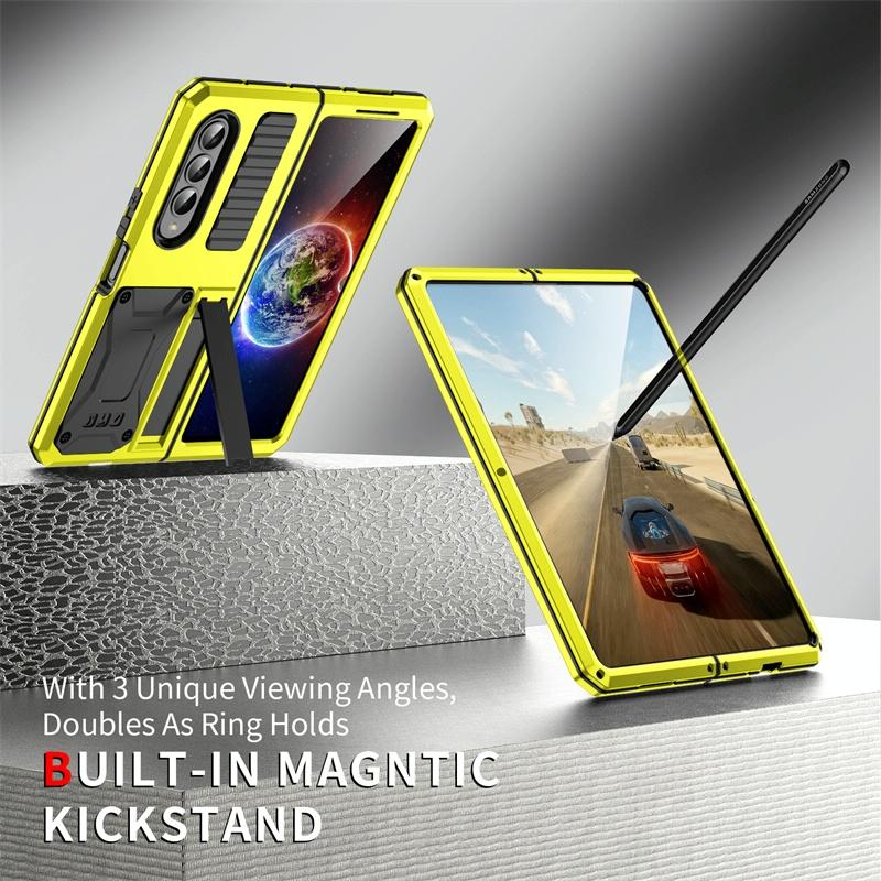 For Samsung Galaxy Z Fold4 5G Shockproof Metal Case With Holder - Yellow 12