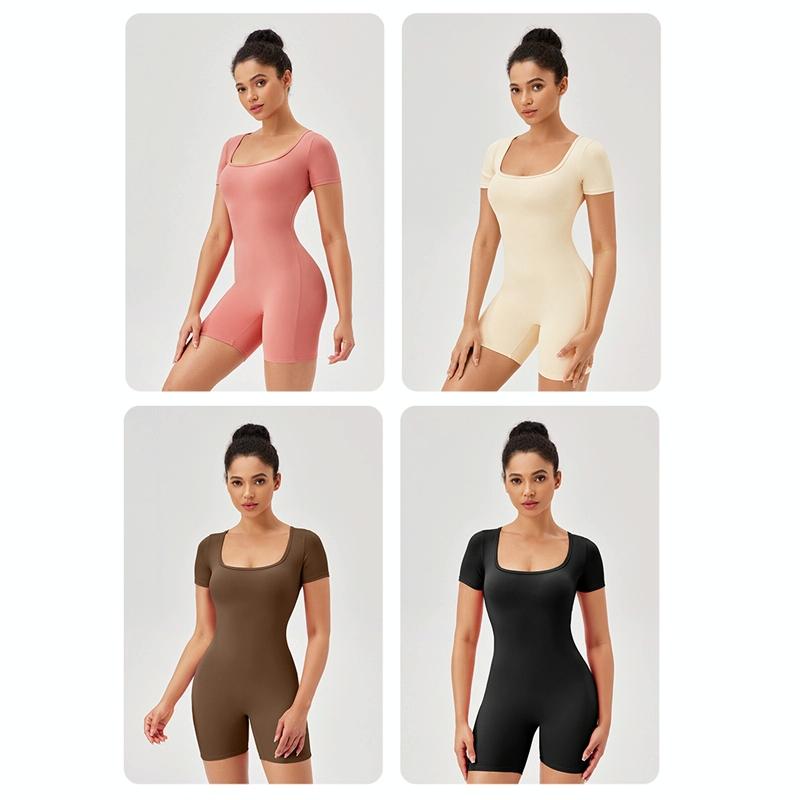 Quick Drying Women Square Neck Yoga Jumpsuit - Rose Pink - L 4