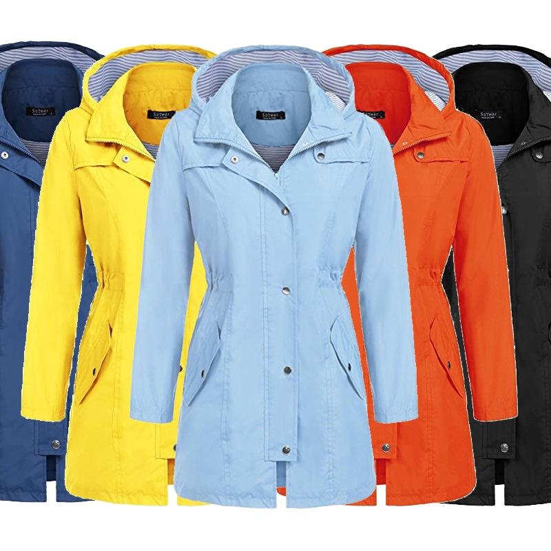 Casual Women Waterproof Waist Hooded Long Coat - Size XL - Sky Blue 4