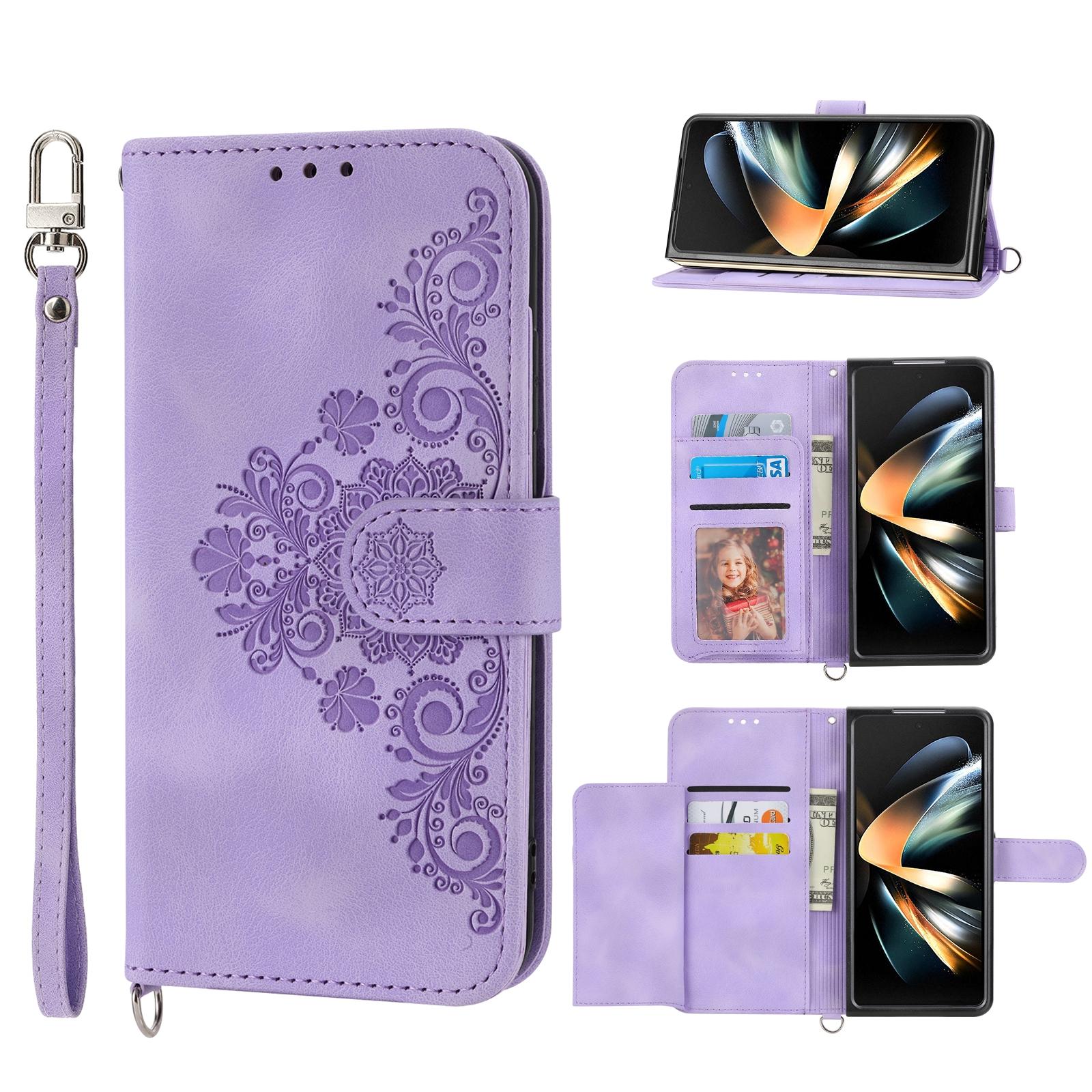 For Samsung Galaxy Z Fold4 5G Floral Leather Phone Wallet - Embossed - Purple