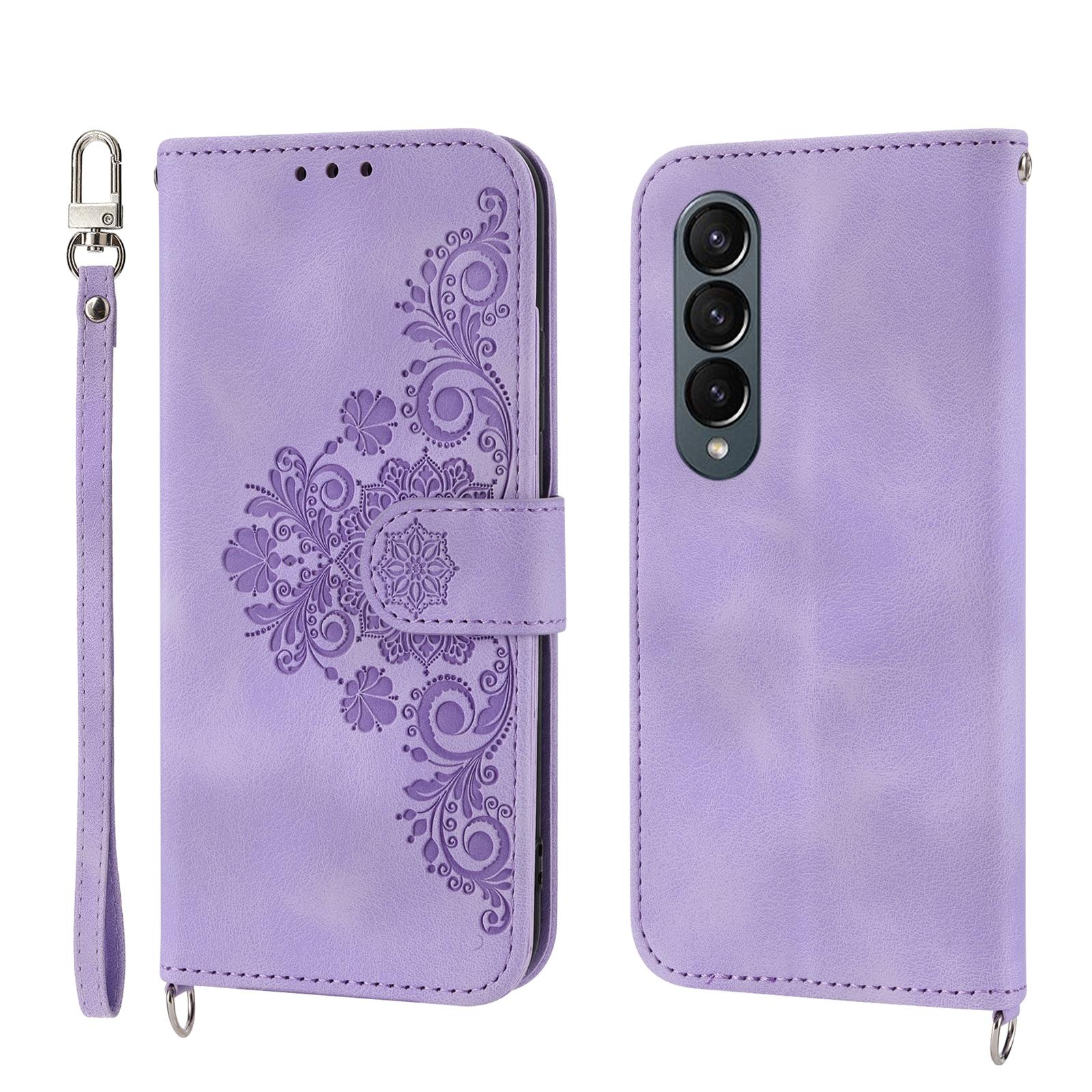For Samsung Galaxy Z Fold4 5G Floral Leather Phone Wallet - Embossed - Purple 15